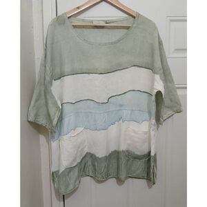 Belle france womens large sage green white 100% Italian linen boxy shirt top